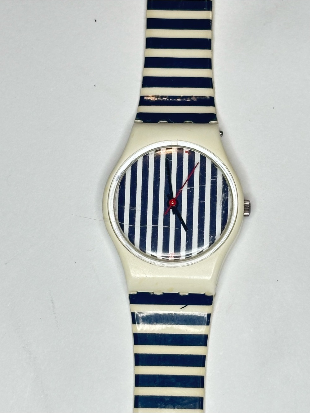 Vintage‎ Swatch S805 Blue White Stripe Swiss Quartz Watch Runs Original Band